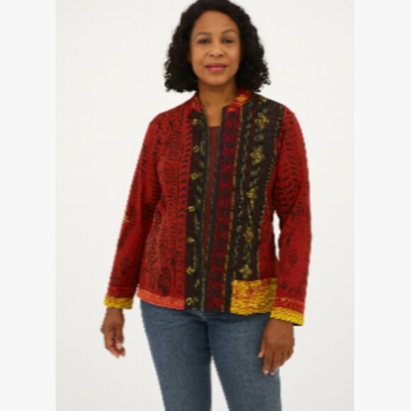 Chico's Multi Print 100% Cotton Embroidered Full Zip Long Sleeve Jacket Sz 1 - Picture 1 of 9